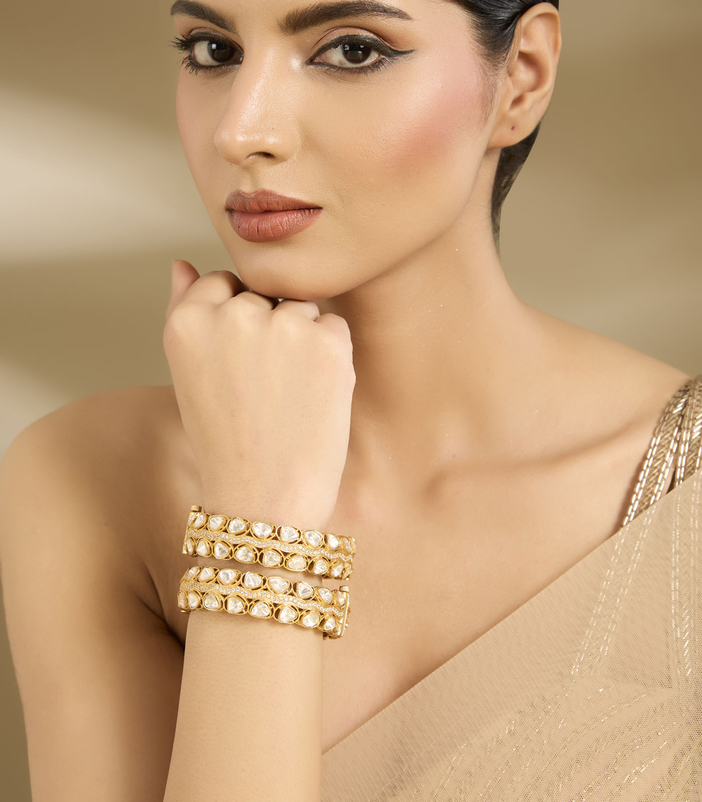 Triple Row Polki Stone Gold-Tone Bangle Set - Image 3