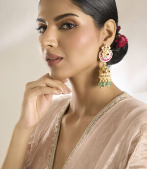 Gold Finish Pink Stone Jhumka Earrings