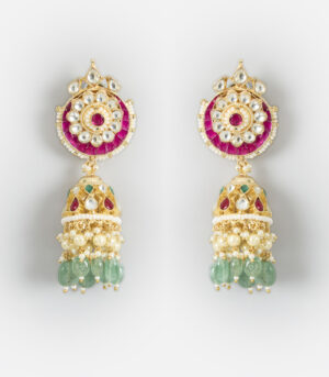 Gold Finish Pink Stone Jhumka Earrings