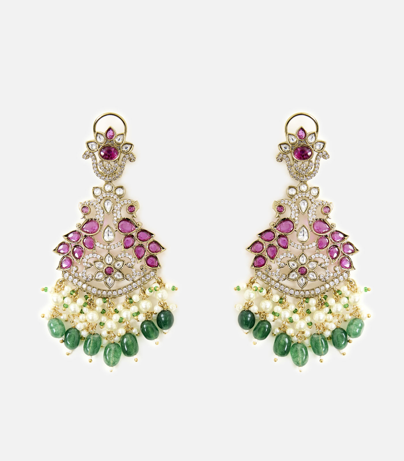 Ruby & Emerald Beaded Chandelier Earrings with Pearl Drops - Image 2