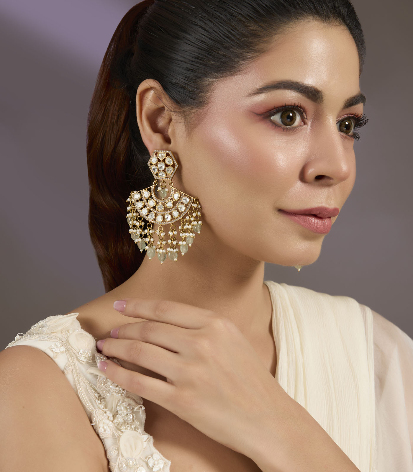 Gold finish Kundan Polki Statement Earrings