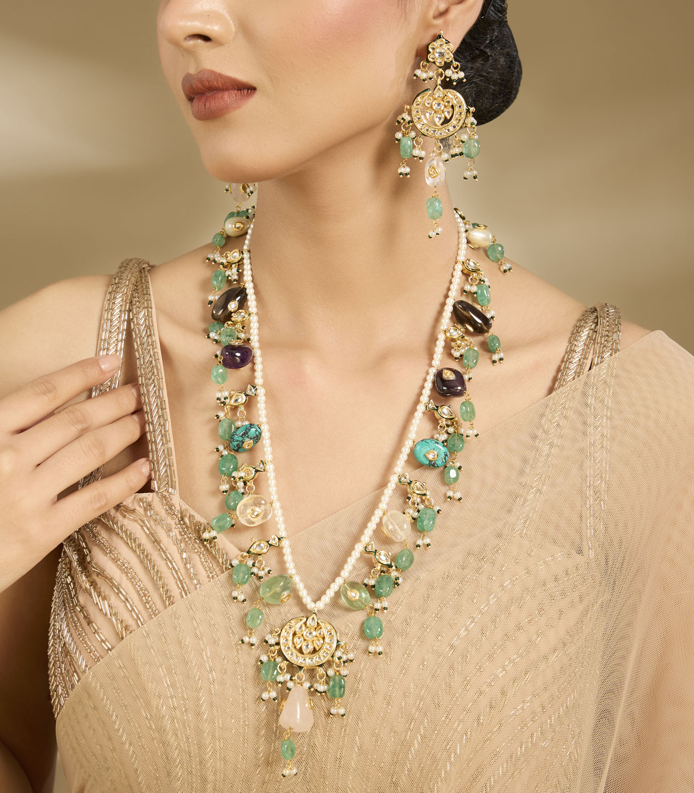 Floral Pearl & Emerald Layered Statement Necklace Set