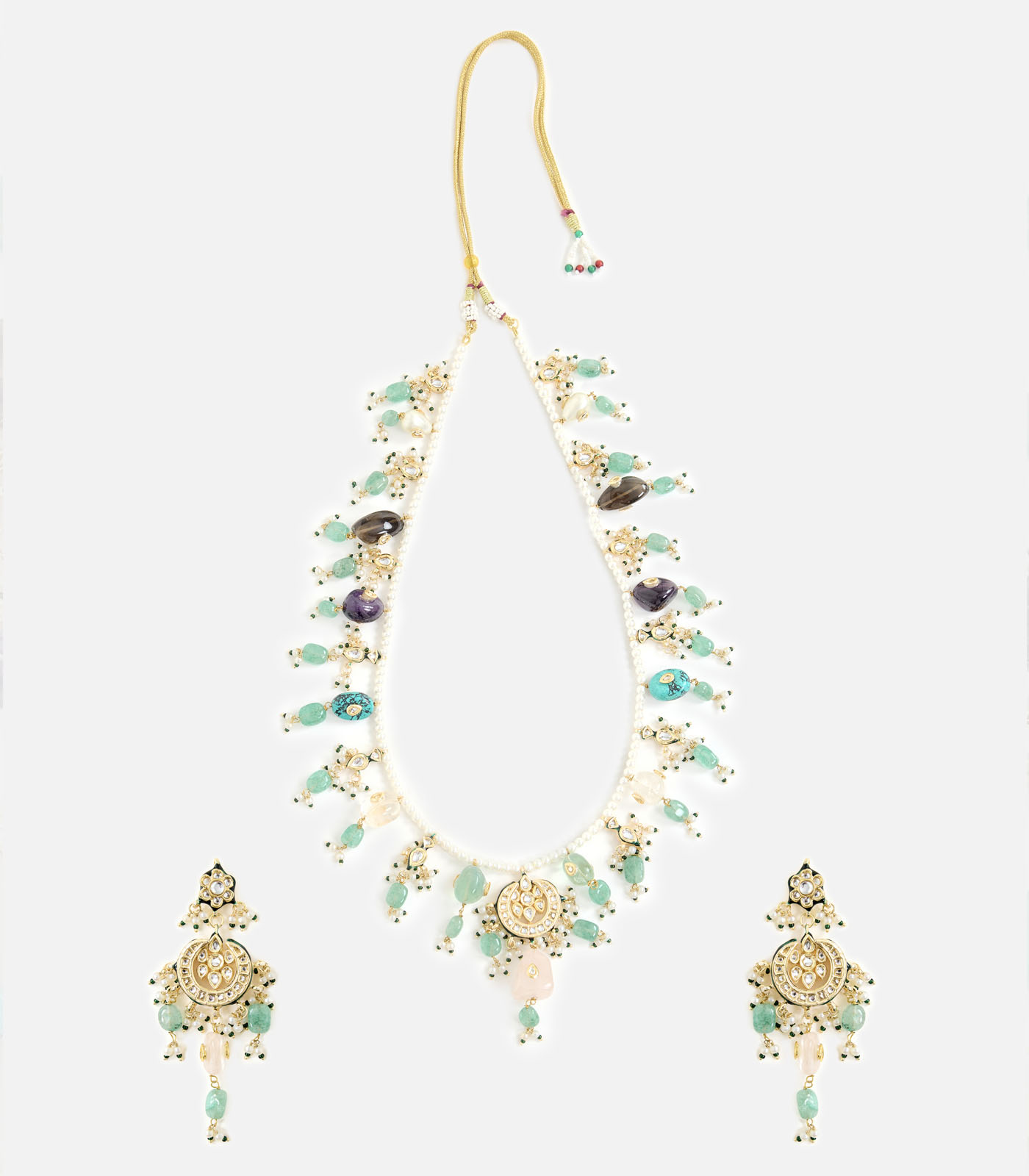 Floral Pearl & Emerald Layered Statement Necklace Set - Image 3