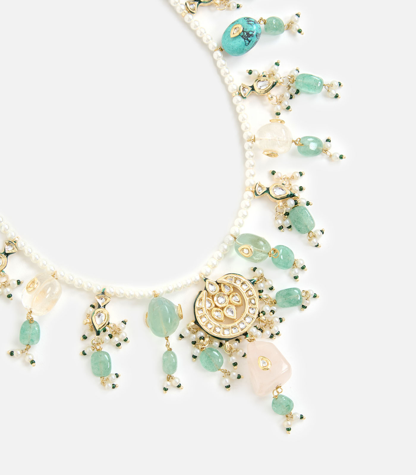 Floral Pearl & Emerald Layered Statement Necklace Set - Image 2