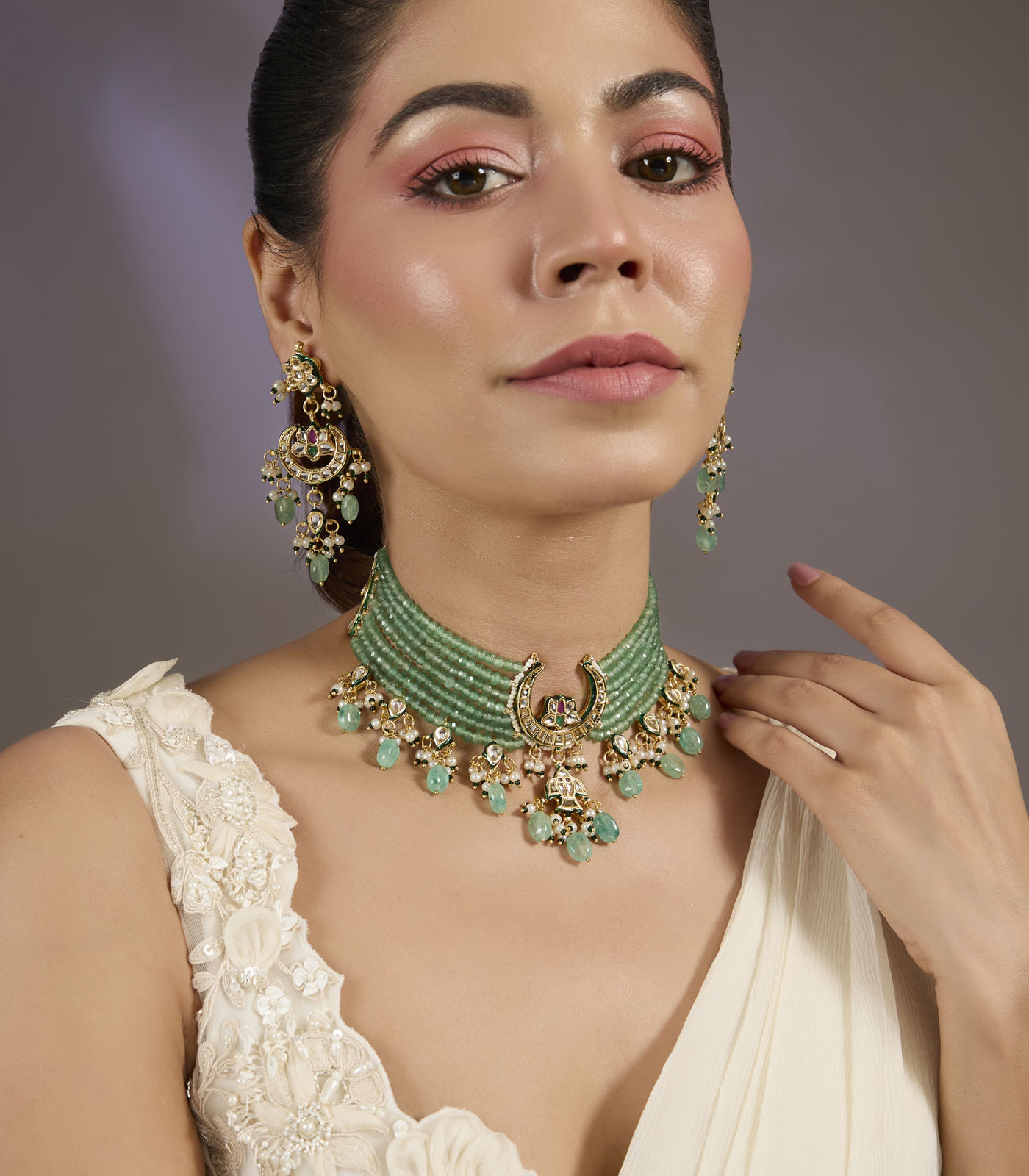 Green Beaded Kundan Choker Necklace Set