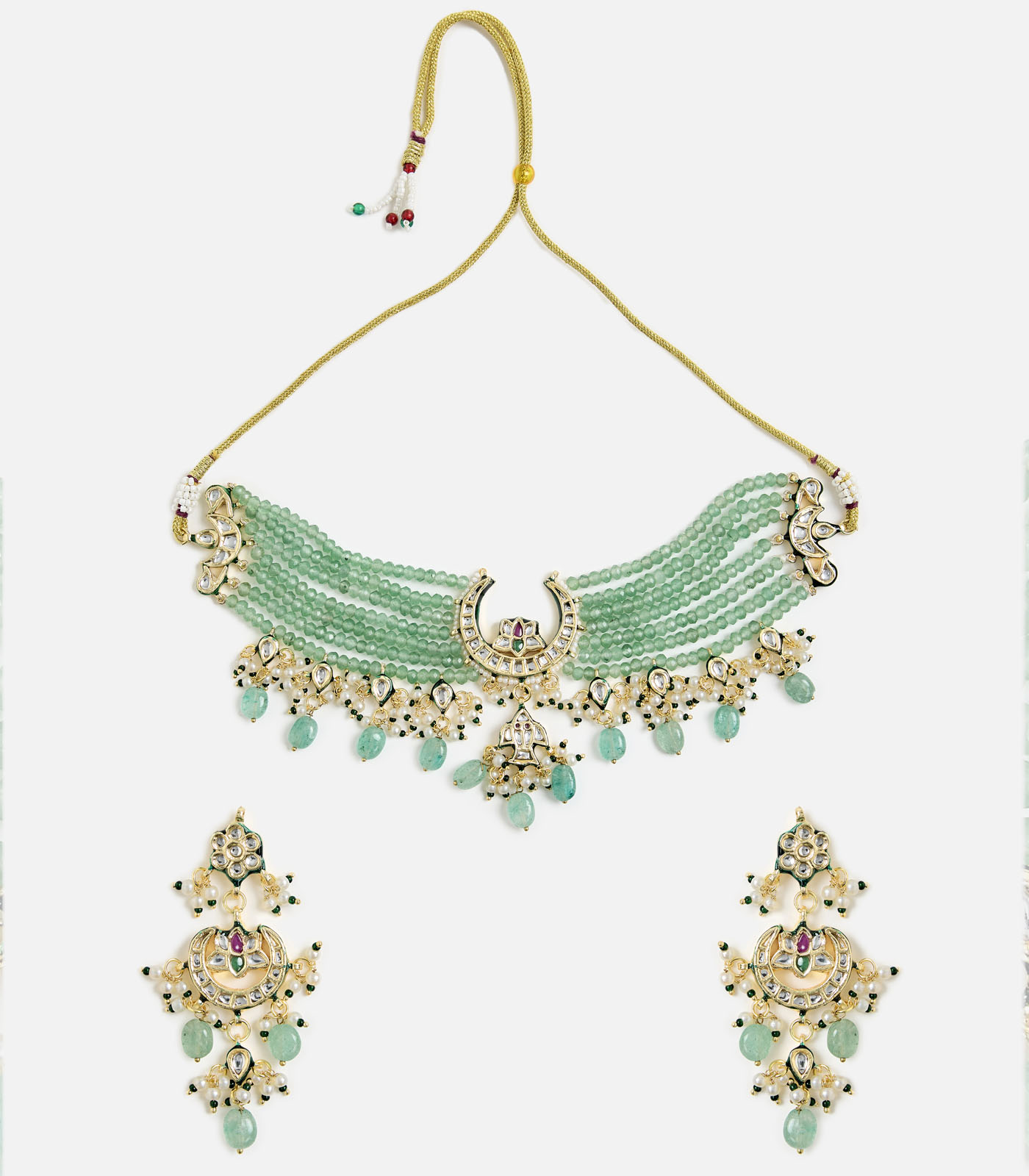 Green Beaded Kundan Choker Necklace Set - Image 3