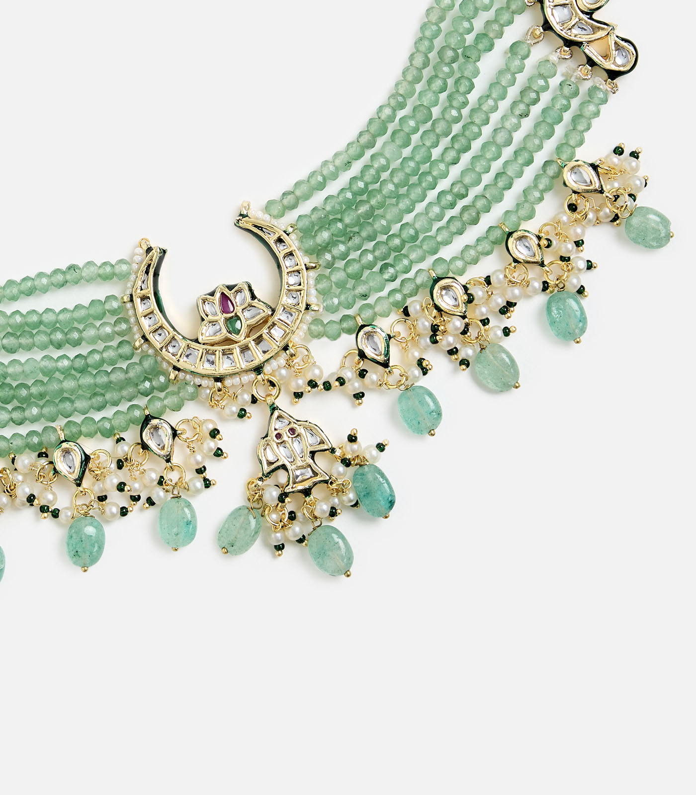 Green Beaded Kundan Choker Necklace Set - Image 2