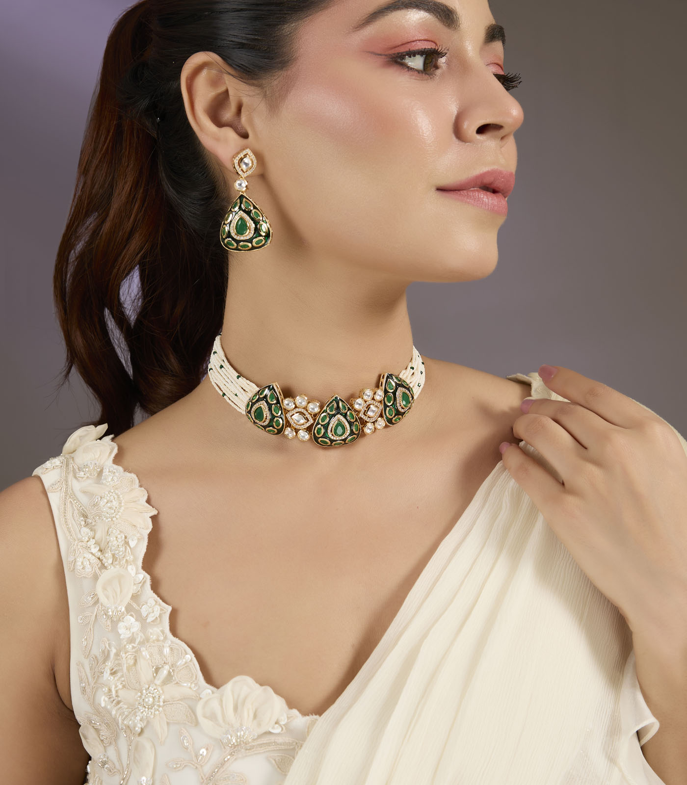 Emerald Stone Choker Set with Earrings