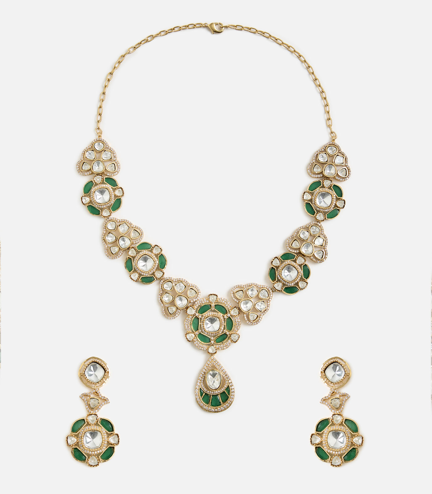 Gold & Emerald Kundan Necklace Set - Image 2