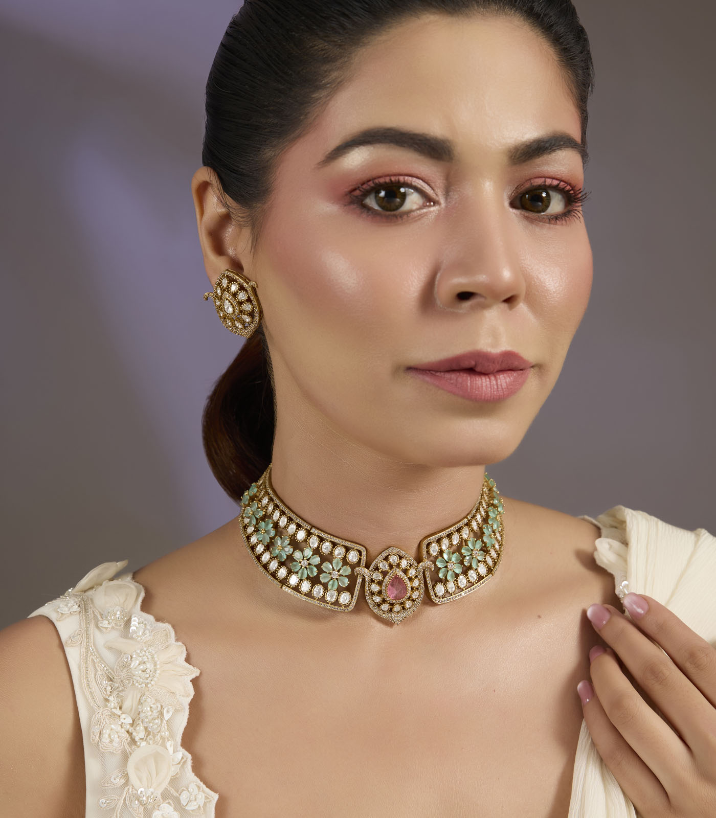 Pastel Mint stones Kundan Choker Necklace Set