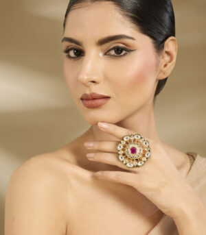 Gold-Tone Oversized Ring with Red Stone and Kundan Detailing