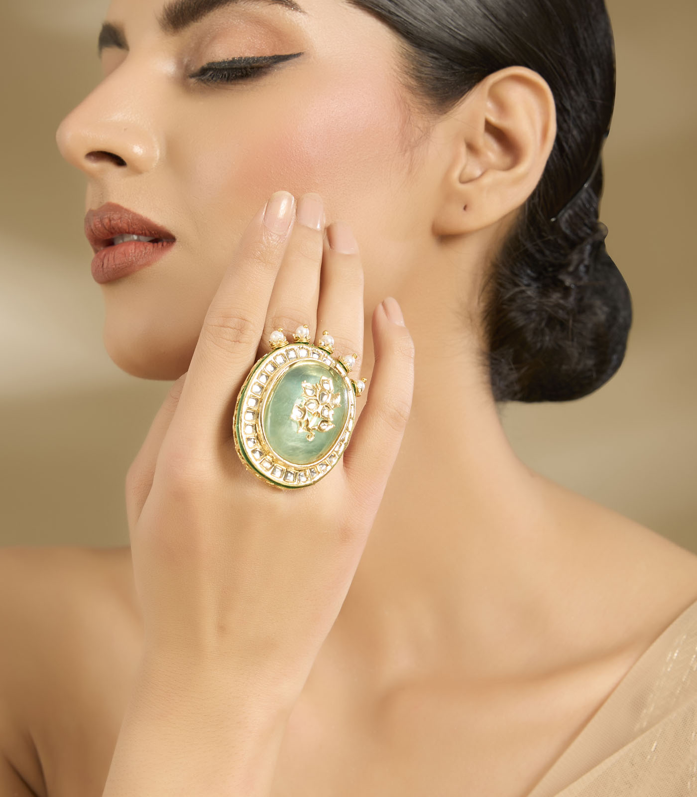 Green Stone & Pearl Embellished Statement Ring