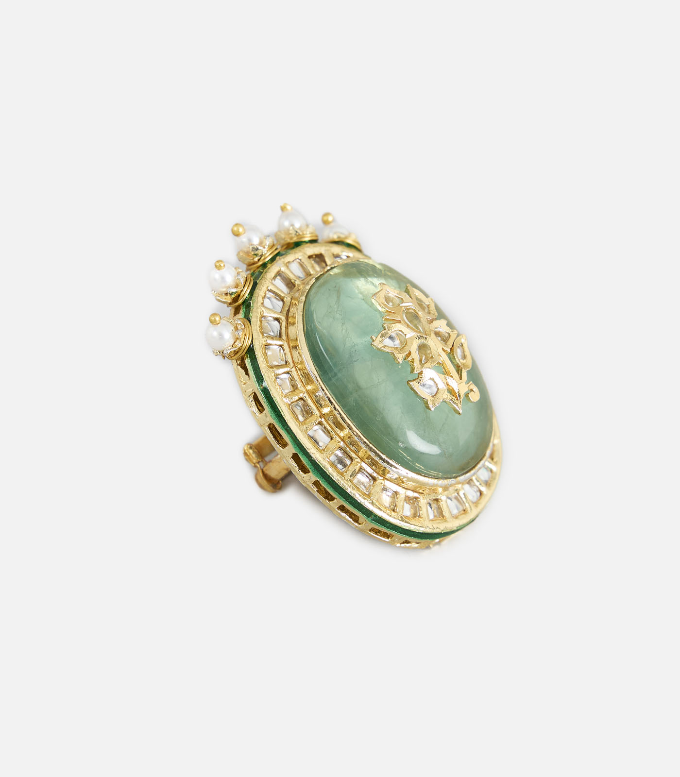 Green Stone & Pearl Embellished Statement Ring - Image 3