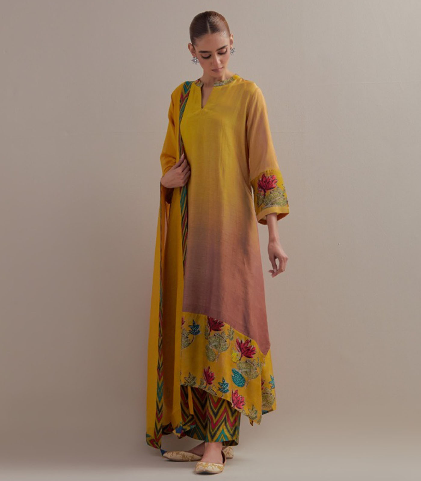 Yellow Ombre Asymmetrical Kurta set - Image 4
