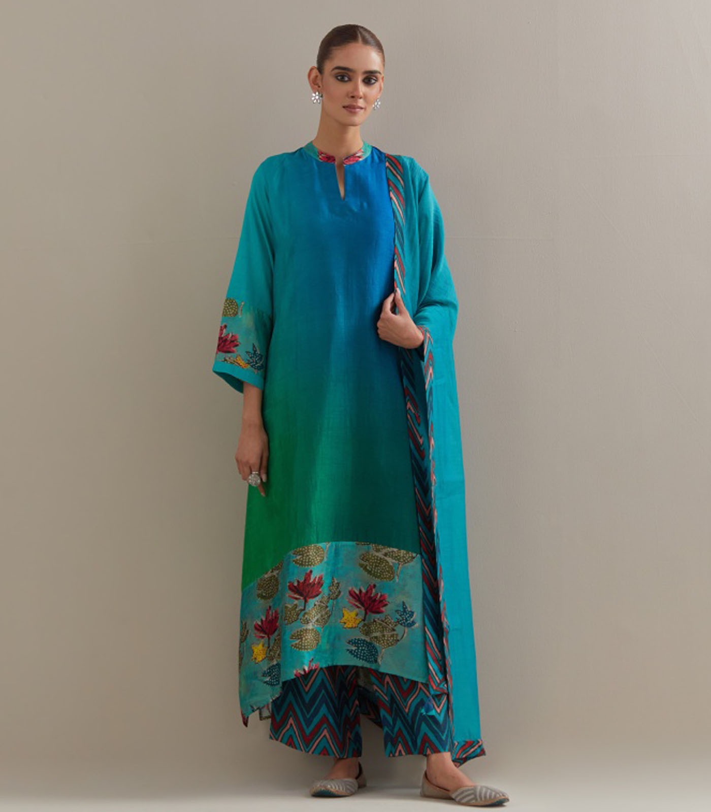 Green Blue Ombre Asymmetrical Kurta set