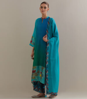 Green Blue Ombre Asymmetrical Kurta set