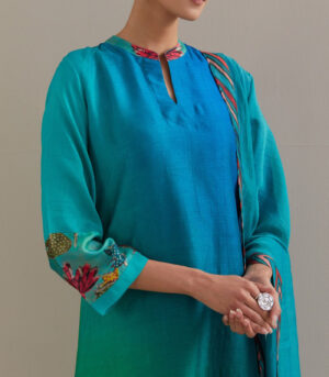 Green Blue Ombre Asymmetrical Kurta set