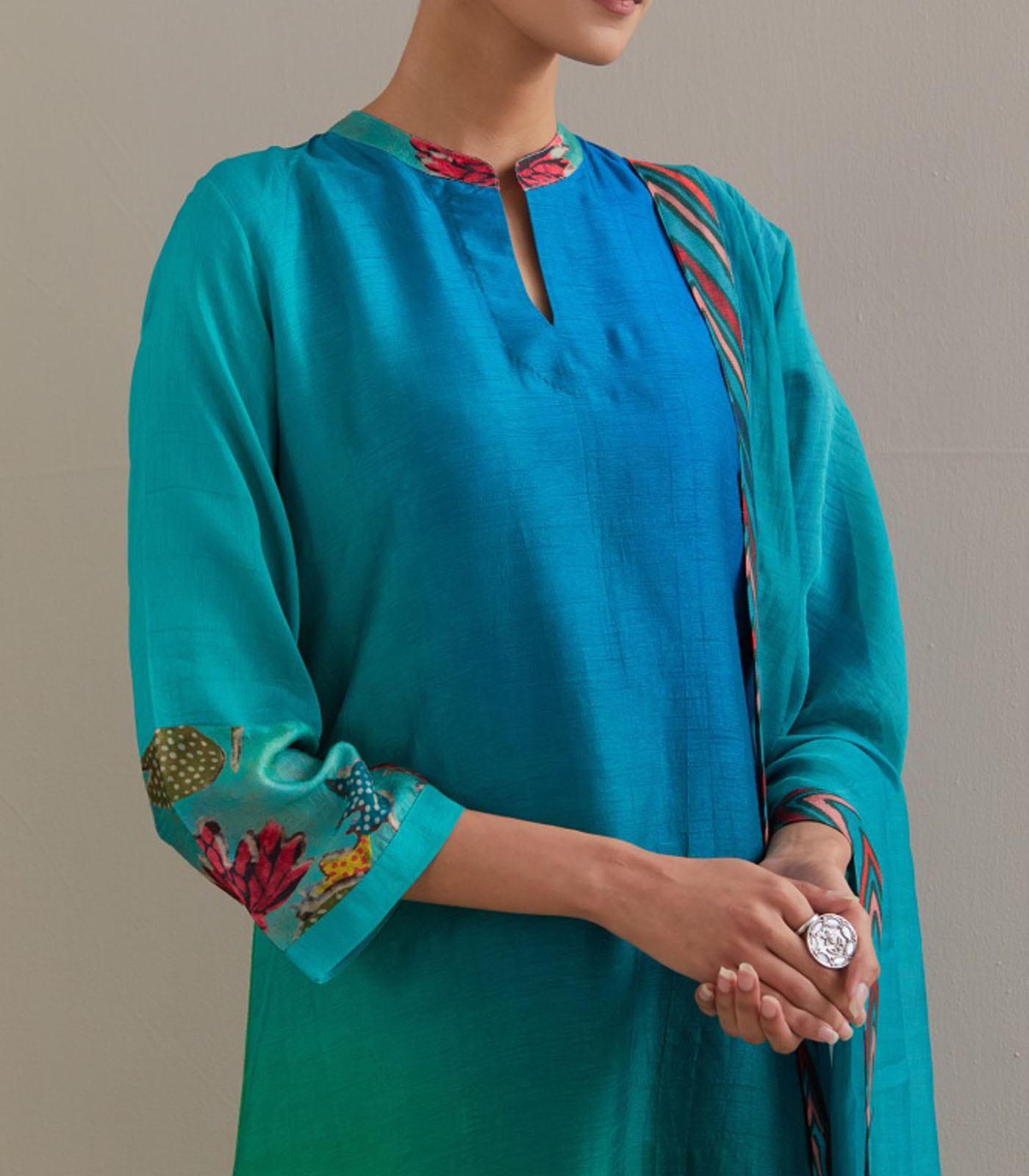 Green Blue Ombre Asymmetrical Kurta set - Image 2