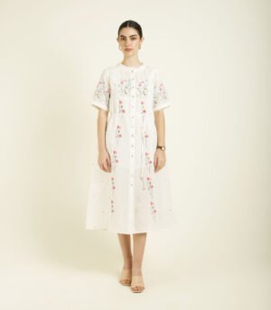 IVORY PRINTED A-LINE DRESS IN LINEN