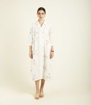 IVORY PRINTED SIDE GATHERED SHIRT DRESS IN LINEN
