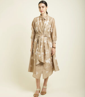 BEIGE DISCHARGE PRINT TIE UP DRESS