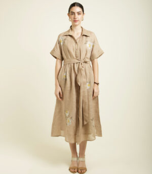 BEIGE EMBROIDED DROP SHOULDER DRESS