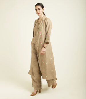 BEIGE LINEN PRINTED JACKET SET