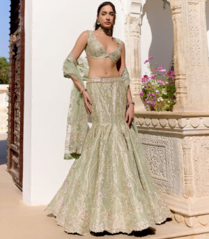 Sage Tissue Fish Cut Lehenga Set