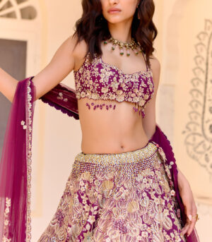 Dark plum Embroidered Lehenga Set