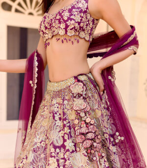 Dark plum Embroidered Lehenga Set
