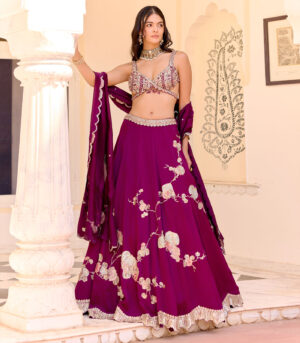 Dark Plum Jaal Placement Lehenga Set