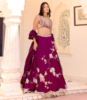 Dark Plum Jaal Placement Lehenga Set