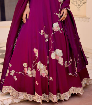 Dark Plum Jaal Placement Lehenga Set