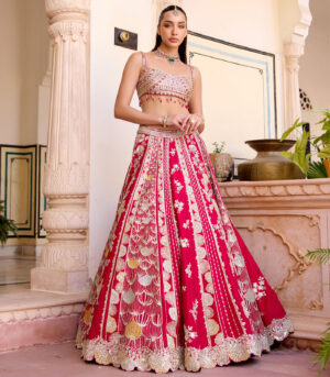 Cut Ruby Mulberry Silk Lehenga Set