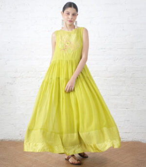 Lime Chanderi Wildflower Dress