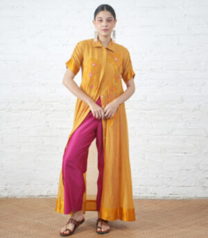 Rust Silk Chanderi Overlay with Embroidered Florals