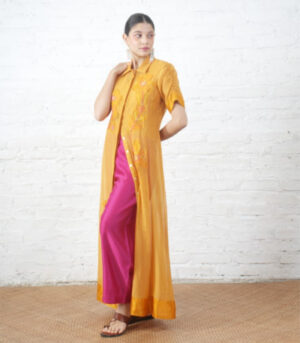 Rust Silk Chanderi Overlay with Embroidered Florals