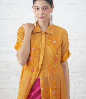 Rust Silk Chanderi Overlay with Embroidered Florals