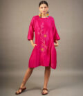 Fuchsia Silk Chanderi Dress with Bead‑Embroidered Florals
