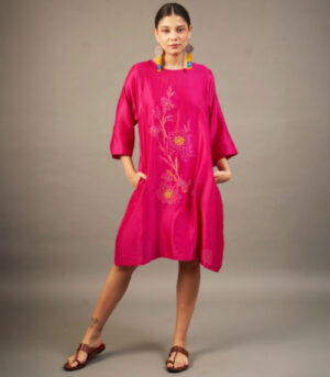 Fuchsia Silk Chanderi Dress with Bead‑Embroidered Florals