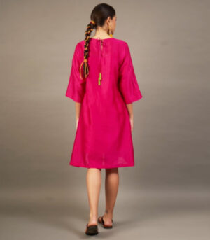 Fuchsia Silk Chanderi Dress with Bead‑Embroidered Florals