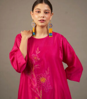 Fuchsia Silk Chanderi Dress with Bead‑Embroidered Florals
