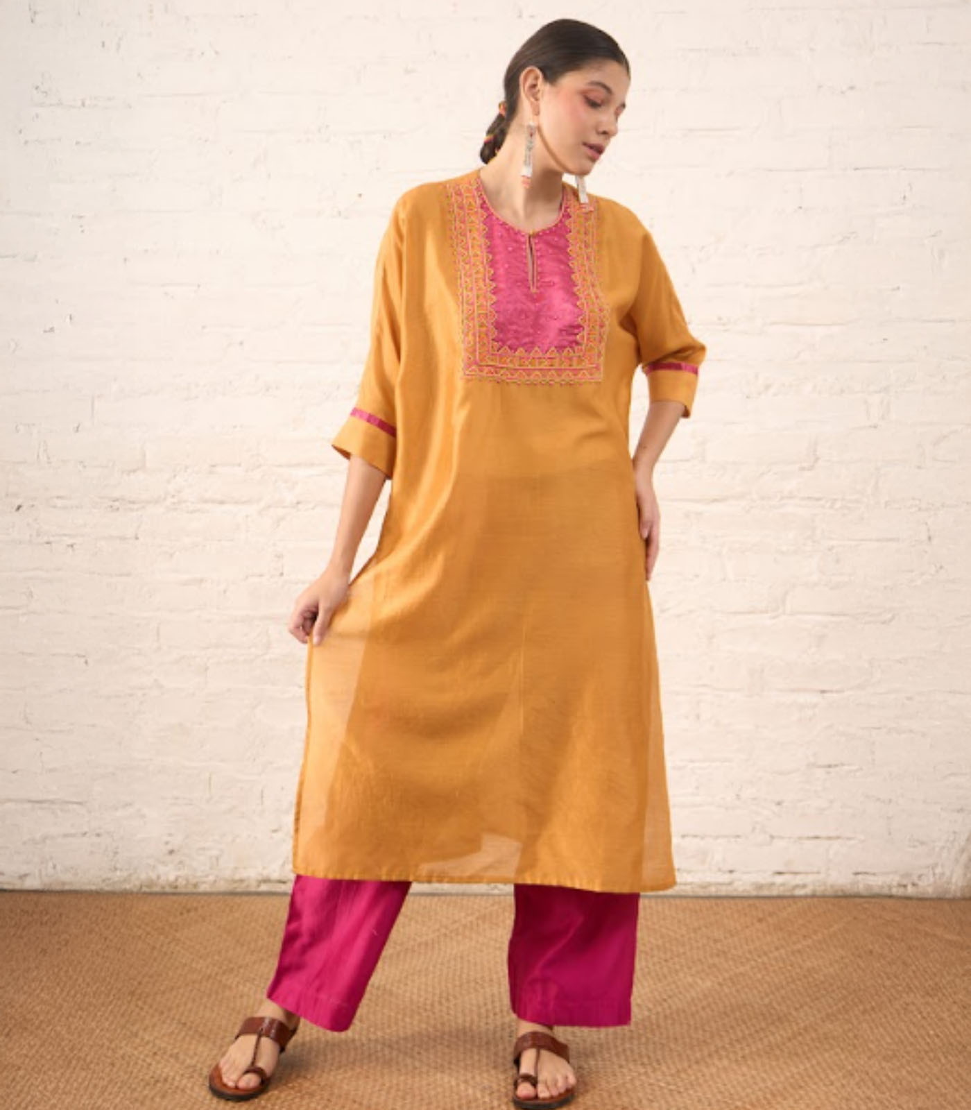 Rust Silk Chanderi Kurta with Pink Bead Embroidered Yoke
