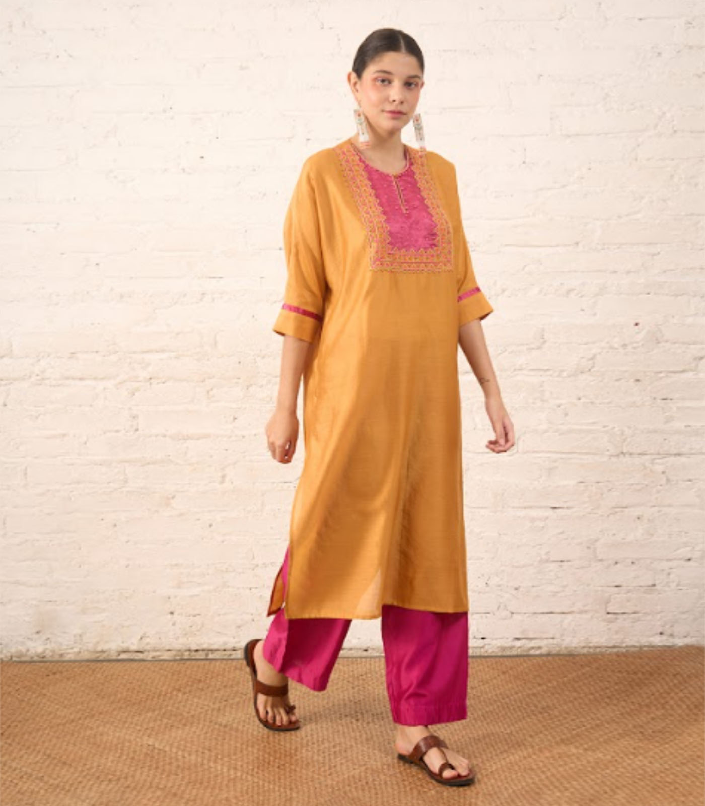 Rust Silk Chanderi Kurta with Pink Bead Embroidered Yoke - Image 3