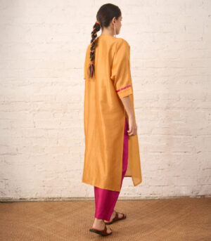 Rust Silk Chanderi Kurta with Pink Bead Embroidered Yoke