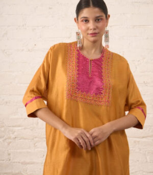 Rust Silk Chanderi Kurta with Pink Bead Embroidered Yoke