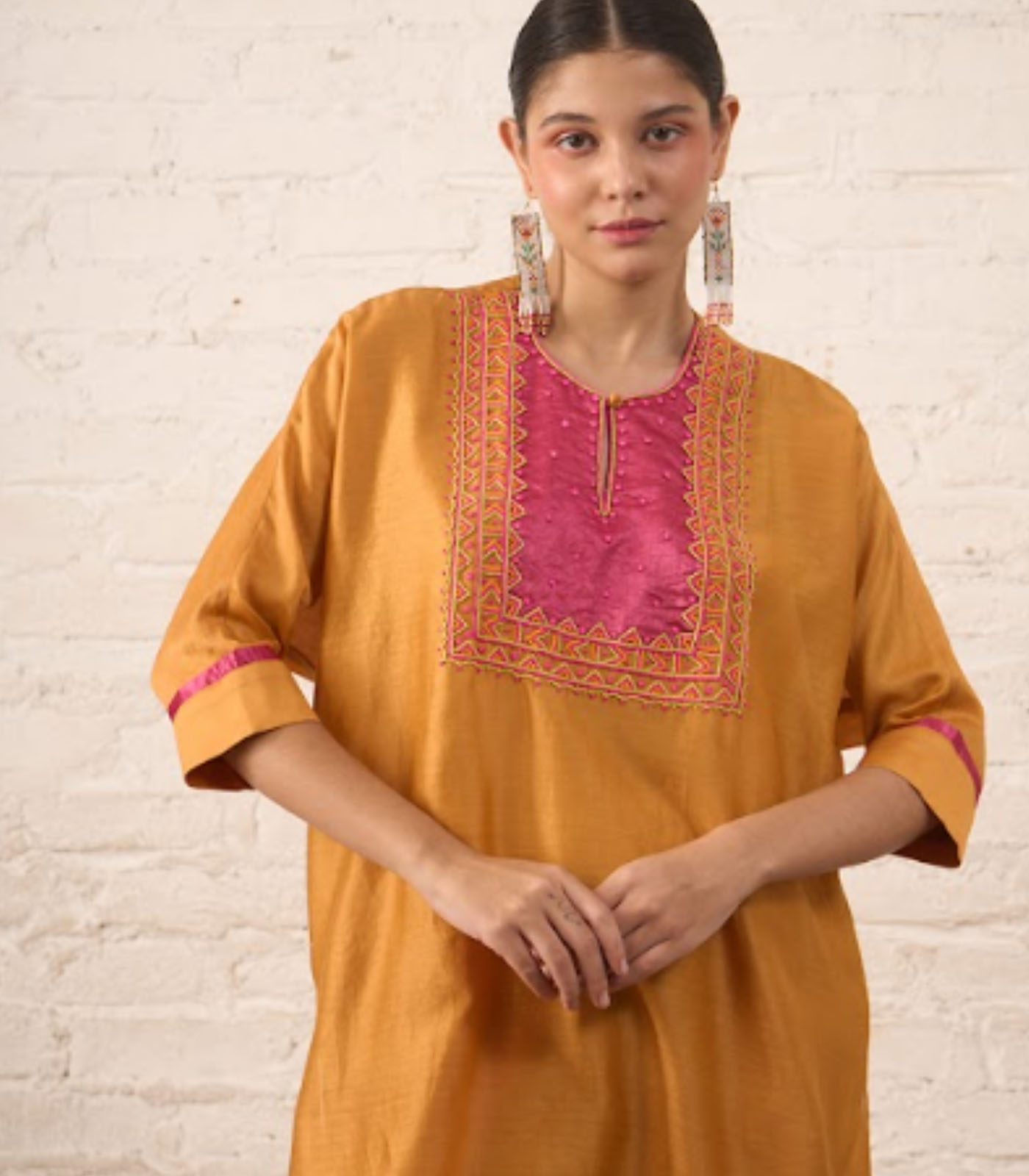 Rust Silk Chanderi Kurta with Pink Bead Embroidered Yoke - Image 2