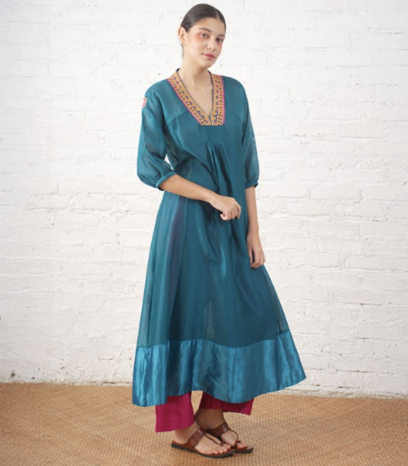 Teal Silk Chanderi V Neck Dress with Hand-Beading Motif