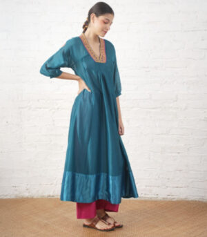 Teal Silk Chanderi V Neck Dress with Hand-Beading Motif