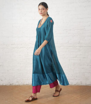 Teal Silk Chanderi V Neck Dress with Hand-Beading Motif